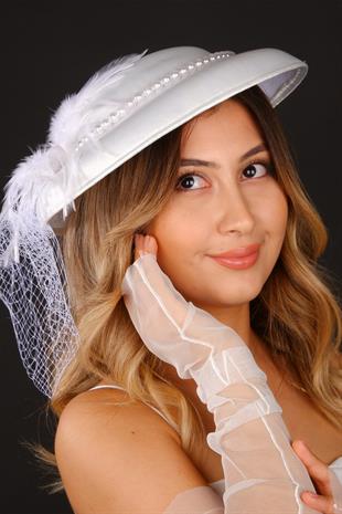 Off-White Voilet Wedding Hat, Giant Pearl Bridal Accessory and Tulle Gloves