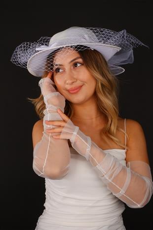 Off-White Voilet Wedding Hat, Dilda Bridal Accessory and Tulle Gloves
