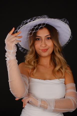 Off-White Voilet Wedding Hat Erna Tulle Bridal Accessory Tulle Gloves