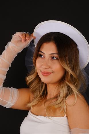 Off-White Voilet Wedding Hat, Izem Bridal Accessory with Pearls and Bridal Gloves