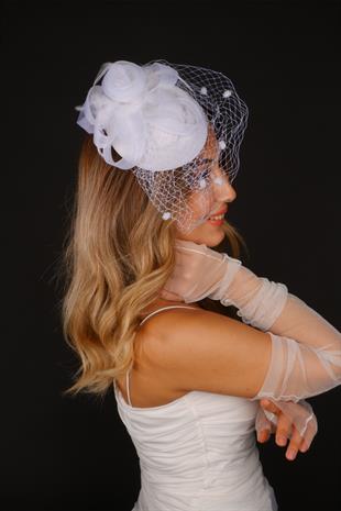 Off-White Voilet Wedding Hat, Milano Tulle Bridal Accessory and Gloves