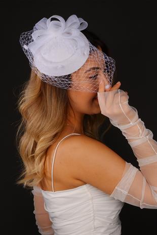 Off-White Voilet Wedding Hat, Selis Bridal Accessory and Tulle Gloves