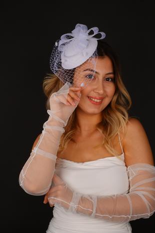 Off-White Voilet Wedding Hat, Selis Bridal Accessory and Tulle Gloves