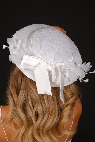 Kırık Beyaz Vualet Nikah Şapkası Vera Dantel Çiçekli Gelin Aksesuarı