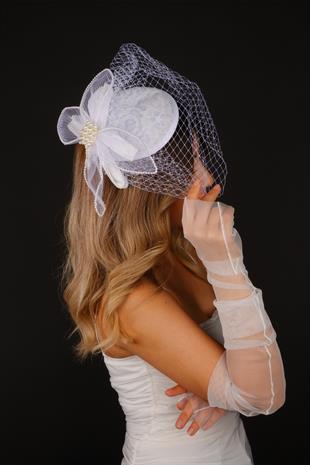 Off-White Voilet Wedding Hat Vira Bridal Accessory and Tulle Gloves