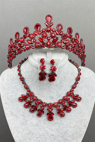 Red Beety Bridal Henna Crown Necklace Earring Set