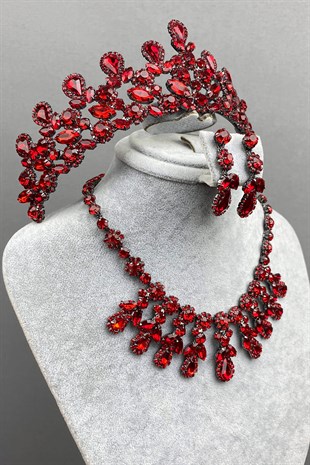 Red Beety Bridal Henna Crown Necklace Earring Set
