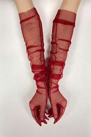 Kırmızı 10 Adet Gelin Eldiveni Tül Eldiven Nikah/Düğün/Parti Eldiveni