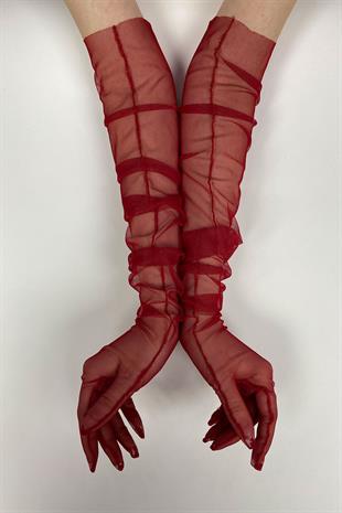 Kırmızı 10 Adet Gelin Eldiveni Tül Eldiven Nikah/Düğün/Parti Eldiveni