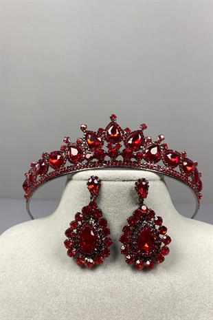 Red Ade Bridal Henna Crown and Almond Stone Earring Set