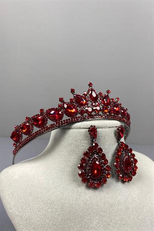 Red Ade Bridal Henna Crown and Almond Stone Earring Set