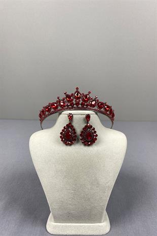 Red Ade Bridal Henna Crown and Almond Stone Earring Set