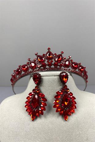 Red Ade Bridal Henna Crown and Drop Shuttle Earring Set