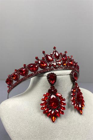 Red Ade Bridal Henna Crown and Drop Shuttle Earring Set