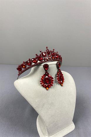Red Ade Bridal Henna Crown and Drop Shuttle Earring Set