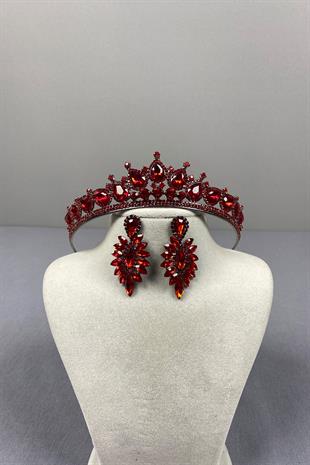 Red Ade Bridal Henna Crown and Thin Shuttle Stone Earrings