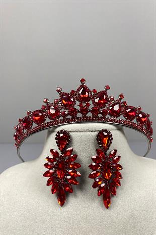 Red Ade Bridal Henna Crown and Thin Shuttle Stone Earrings