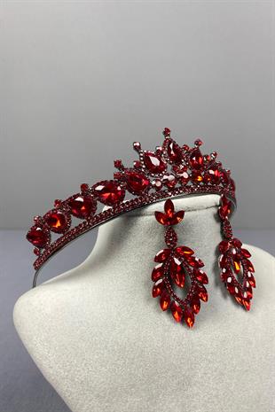 Red Ade Bridal Henna Crown and Shuttle Stone Earrings
