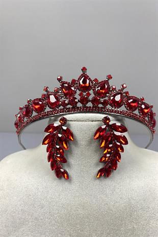 Red Ade Bridal Henna Crown and Leaf Stone Earring Set