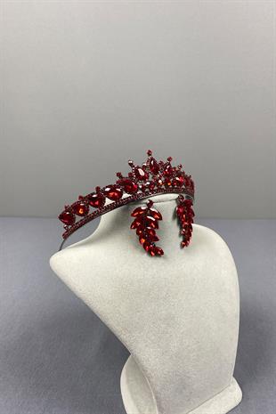 Red Ade Bridal Henna Crown and Leaf Stone Earring Set