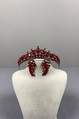 Red Ade Bridal Henna Crown and Leaf Stone Earring Set