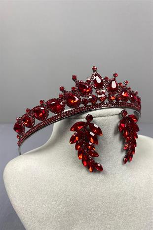 Red Ade Bridal Henna Crown and Leaf Stone Earring Set