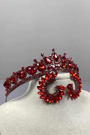 Red Ade Bridal Henna Crown and Round Stone Earring Set