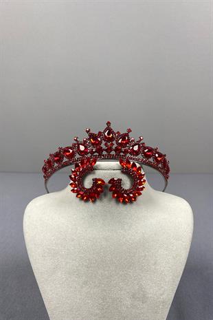 Red Ade Bridal Henna Crown and Round Stone Earring Set