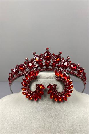 Red Ade Bridal Henna Crown and Round Stone Earring Set