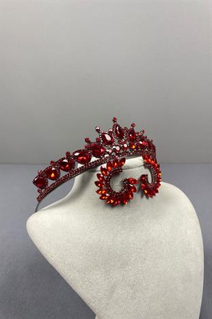 Red Ade Bridal Henna Crown and Round Stone Earring Set