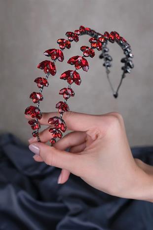 Kırmızı Alfa Mekik Cam Kristal Taşlı Gelin Kına Tacı