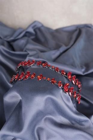 Kırmızı Alfa Mekik Cam Kristal Taşlı Gelin Kına Tacı