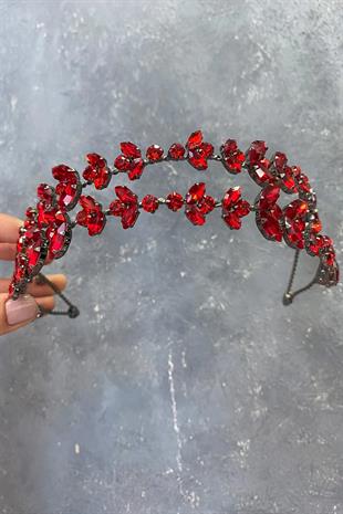 Kırmızı Alfa Mekik Cam Kristal Taşlı Gelin Kına Tacı