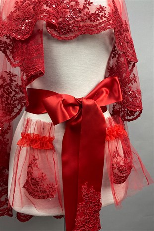 Kırmızı Alis Pullu Gelin Duvağı Kına Yüz Örtüsü