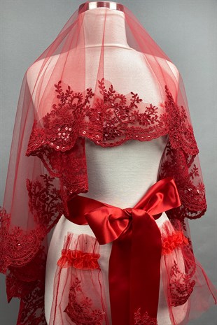 Kırmızı Alis Pullu Gelin Duvağı Kına Yüz Örtüsü