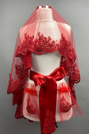 Kırmızı Alis Pullu Gelin Duvağı Kına Yüz Örtüsü