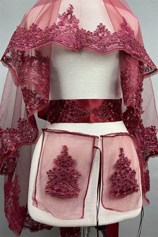 Bordo Alisa Pullu Gelin Duvağı Kına Yüz Örtüsü