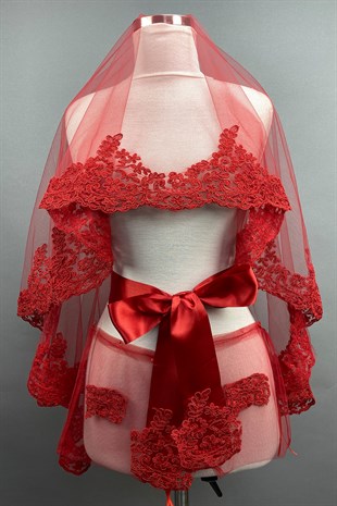 Kırmızı Alya Gelin Kına Duvağı Yüz Örtüsü