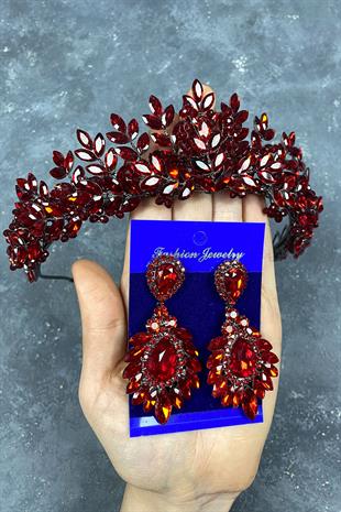 Red Original Beaded Bridal Henna Tiara and Earrings Set