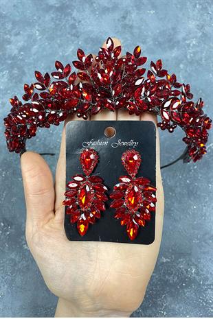 Red Original Beaded Bridal Henna Tiara and Stud Earrings Set