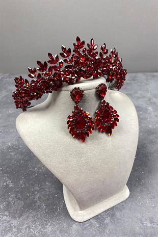 Red Original Beaded Bridal Henna Tiara and Earrings Set