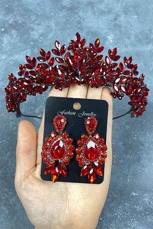 Red Original Beaded Bridal Henna Tiara and Studded Earrings Set