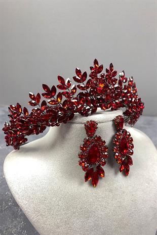 Red Original Beaded Bridal Henna Tiara and Studded Earrings Set