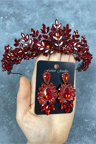 Red Original Beaded Bridal Henna Tiara and Studded Earrings Set