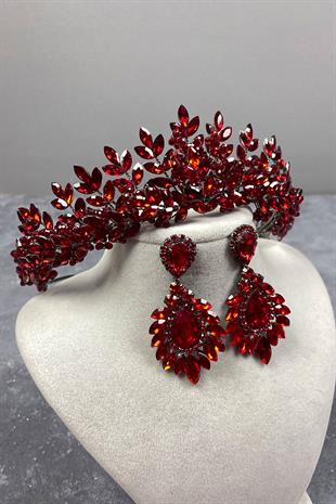 Red Original Beaded Bridal Henna Tiara and Earrings Set