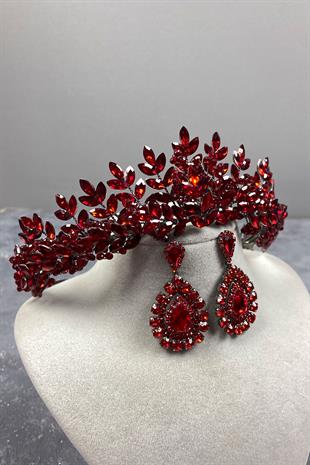Red Original Beaded Bridal Henna Crown And Stone Earring Set