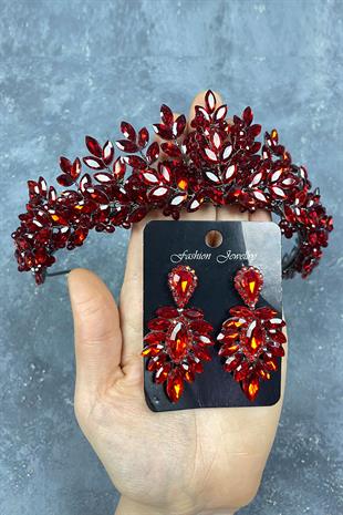 Red Original Beaded Bridal Henna Tiara and Stud Earrings Set