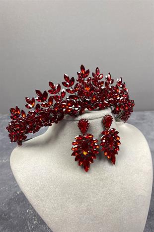 Red Original Beaded Bridal Henna Tiara and Stud Earrings Set