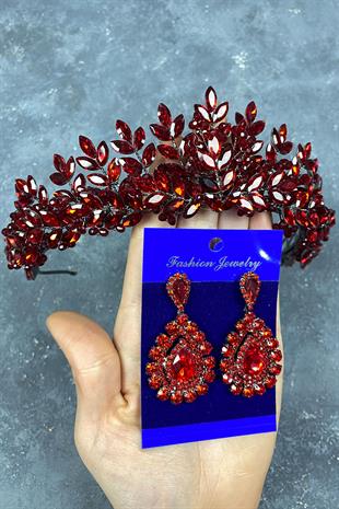 Red Original Beaded Bridal Henna Crown And Stone Earring Set