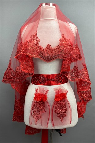 Kırmızı Azur Pullu Gelin Duvağı Kına Yüz Örtüsü